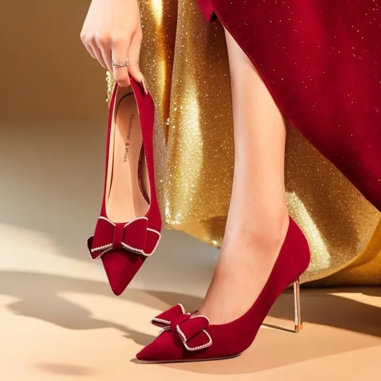 2025新款婚鞋尖头细跟蝴蝶结绒面红色高跟鞋喜庆婚礼伴娘鞋不累脚
