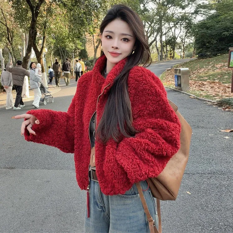 拉夏贝尔韩系立领保暖巨好看仿羊羔毛短款外套冬季皮毛一体上衣