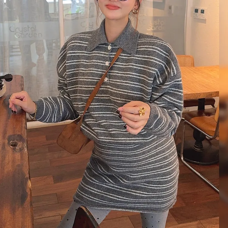 2025秋冬新款法式气质慵懒风条纹翻领毛衣女宽松显瘦半身裙两件套