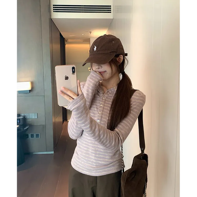 【双面绒】少女感纽扣设计感加绒慵懒风长袖拼接秋季连帽T恤修身