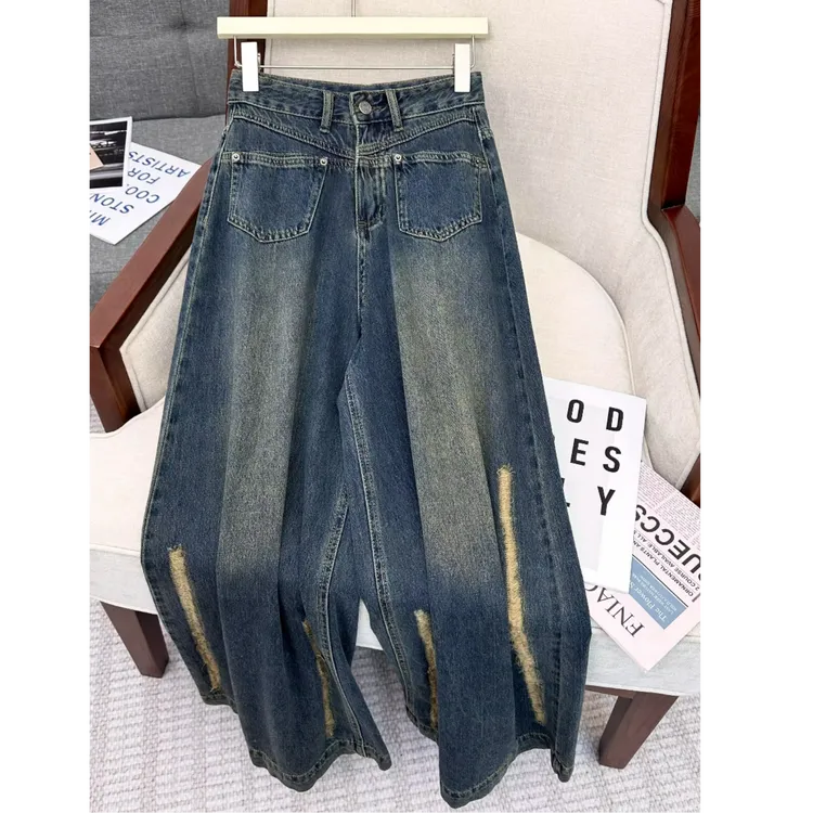 300斤大码女装蓝色慵懒风牛仔裤女胖mm复古宽松显瘦百搭阔腿裤子