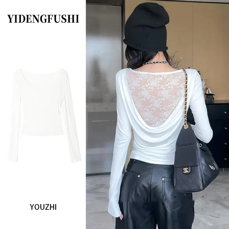 纯欲性感镂空露背蕾丝拼接长袖T恤早秋设计感辣妹修身百搭上衣女