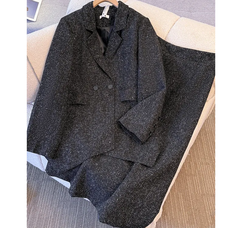 YH-30033大码女装胖mm秋冬新款洋气不规则西装外套半身裙两件套
