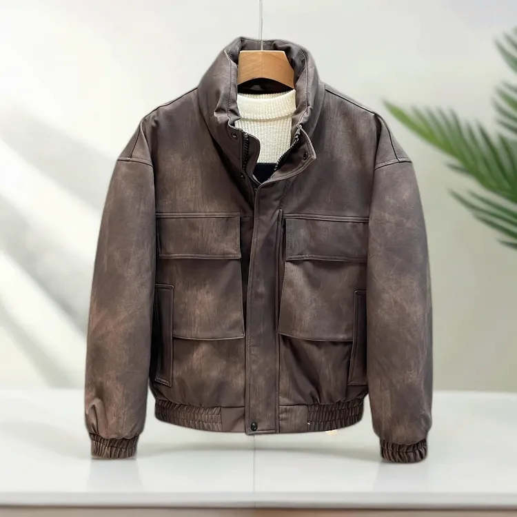 立领高级感重磅鸭绒工装皮衣羽绒服男士冬季加厚保暖外套