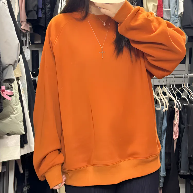 韩版秋冬加绒插肩袖净版纯色圆领卫衣宽松上衣遮肉显瘦大码女装