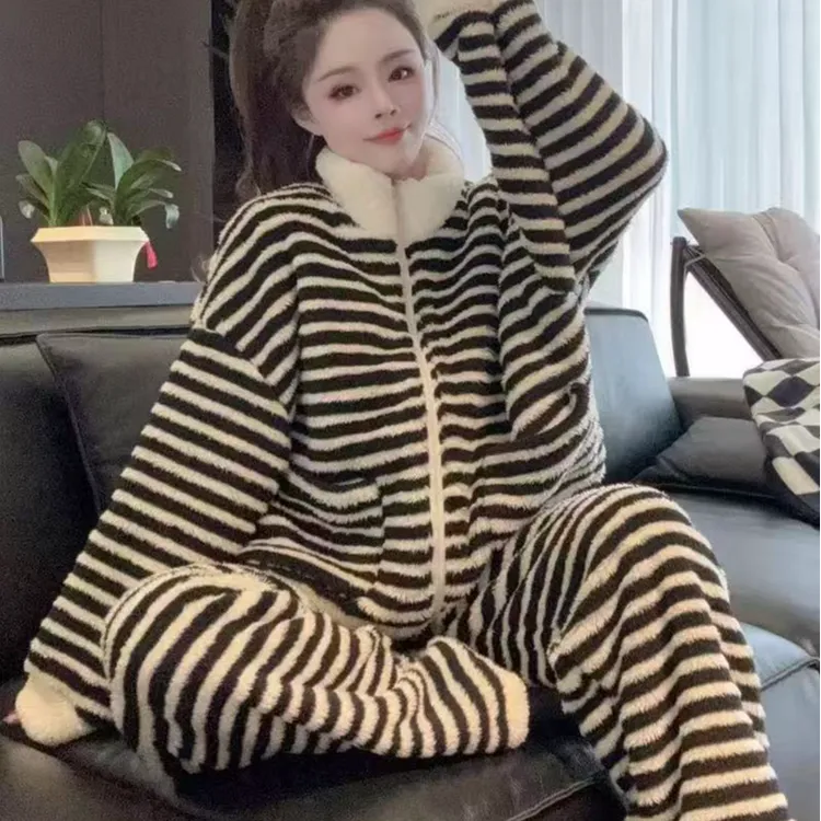 俏皮木慵懒风韩版条纹睡衣加绒加厚可爱立领家居服
