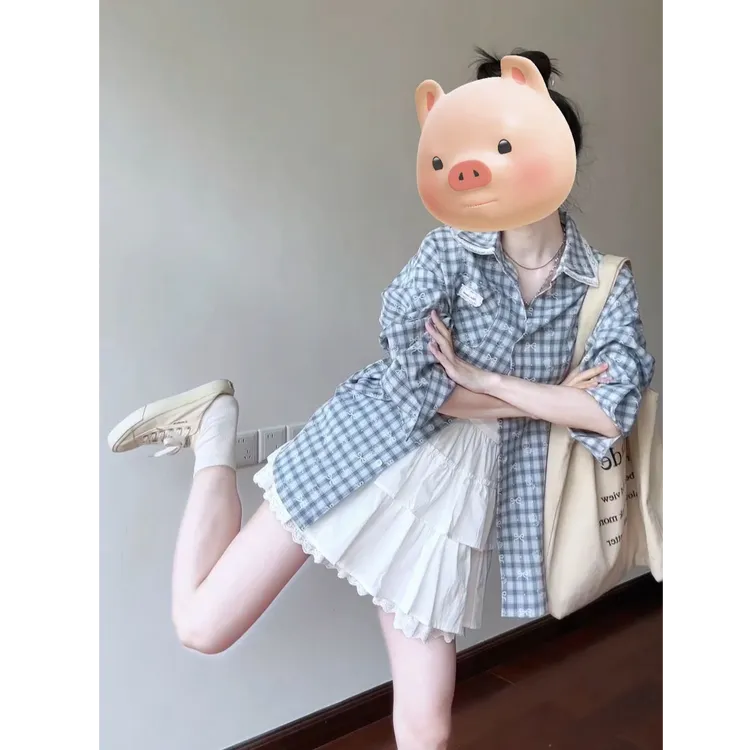 韩系蓝色格纹衬衫外套女内搭小个子时尚气质温柔系吊带裙子两件套