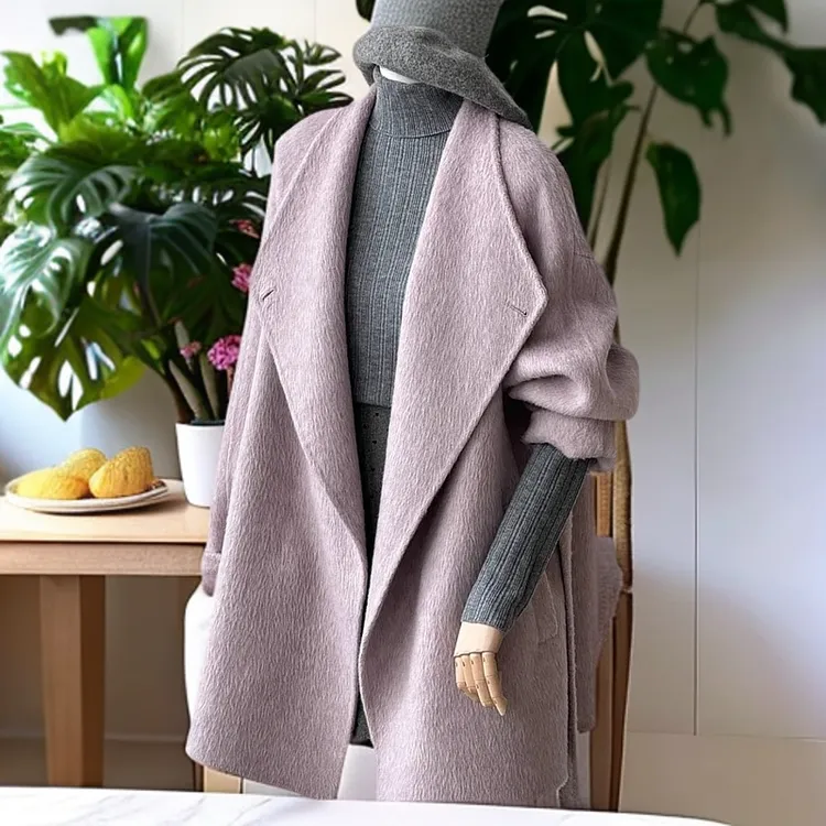 时尚中长款春秋冬宽松呢大衣女毛呢外套女士紫色大衣羊毛女装粉紫