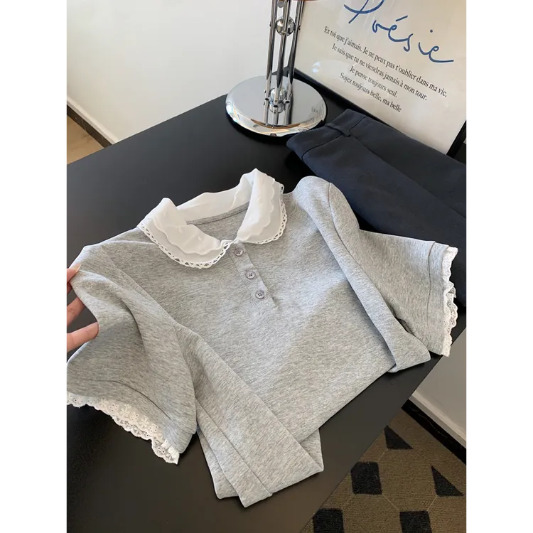 撞色polo衫灰色短袖t恤女小个子短款正肩直筒娃娃领上衣2025新款