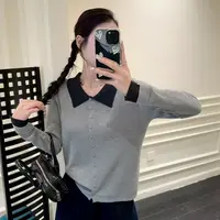 时尚POLO领撞色显瘦针织上衣