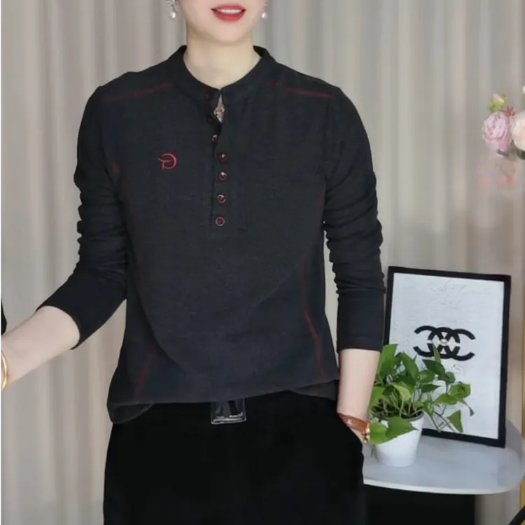2025秋冬新款双面绒百搭减龄钉扣半开领打底衫上衣小衫