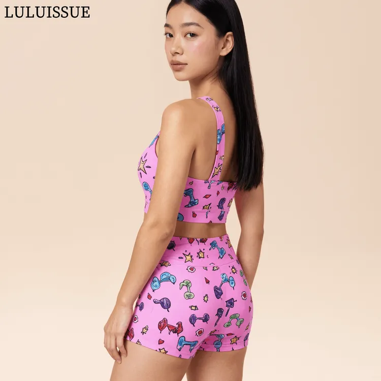 LULUISSUE｜哑铃运动健身瑜伽三分裤女粉色提臀束腰弹力花短裤