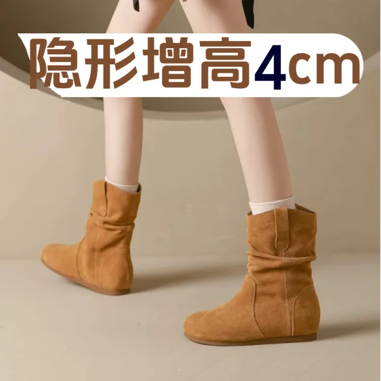 内增高5cm牛皮版复古褶皱勃肯短靴女平底马堆堆丁靴西部牛仔靴子