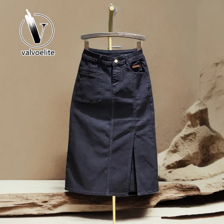 VALVOELITE侧开叉牛仔半裙女春季新款显瘦字长裙弹力高腰气质包臀