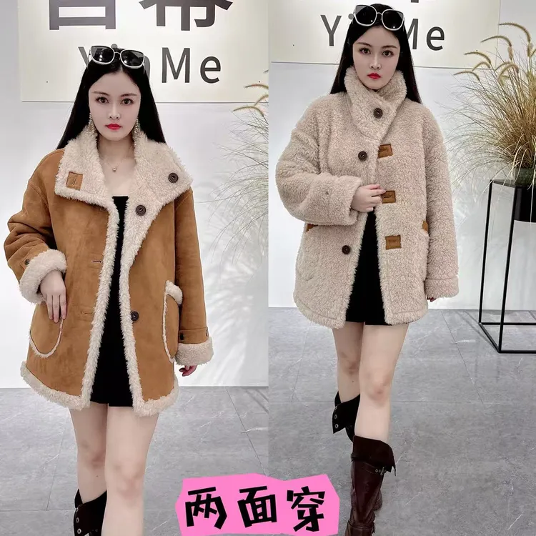 100%羊毛外套女中长款休闲风落肩袖常规皮草外套两面穿保暖百搭