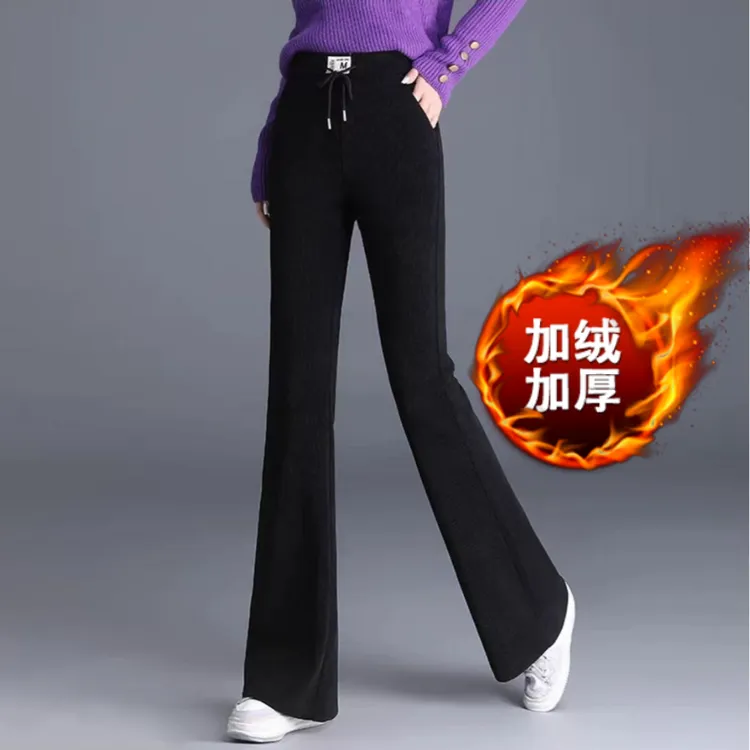 【黑色】灯芯绒微喇叭裤子女秋冬加绒加厚松紧高腰显瘦垂感女