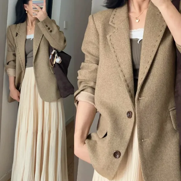 入秋搭配一整套女韩系复古咖色西装外套百褶半身裙小香风两件套潮