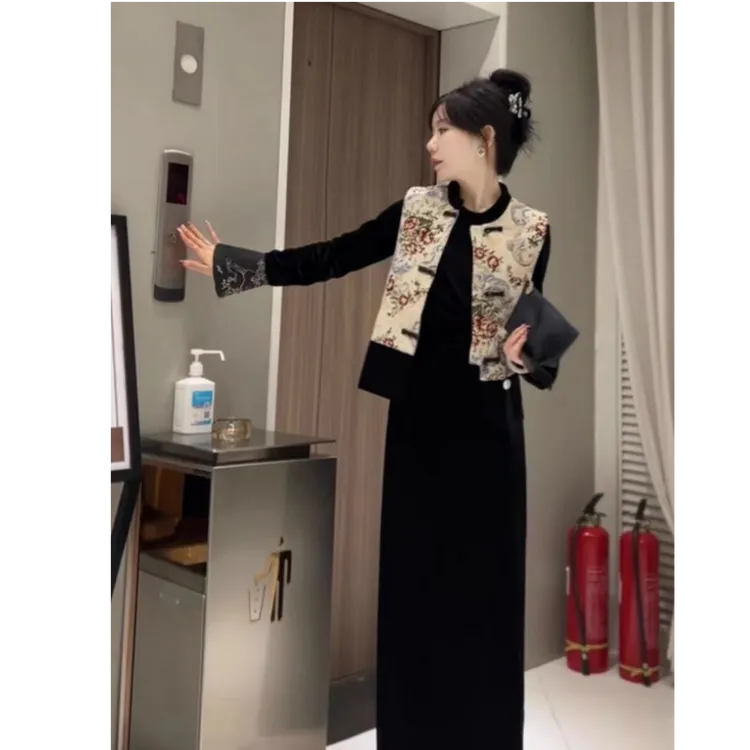 特大码300斤胖MM新中式国风女装女春季提花盘扣马甲+连衣裙两件套