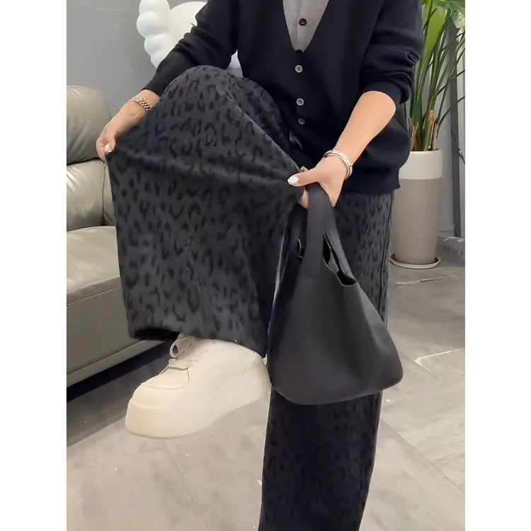 秋冬潮流灰色豹纹印花阔腿裤高腰抽绳显瘦洋气百搭弯刀休闲长裤女