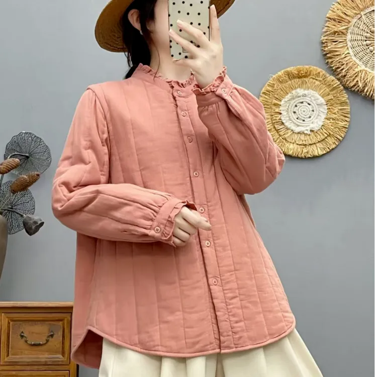 2025秋冬新款 文艺木耳领夹棉衬衫小棉衣女秋冬保暖长袖外套衬衣