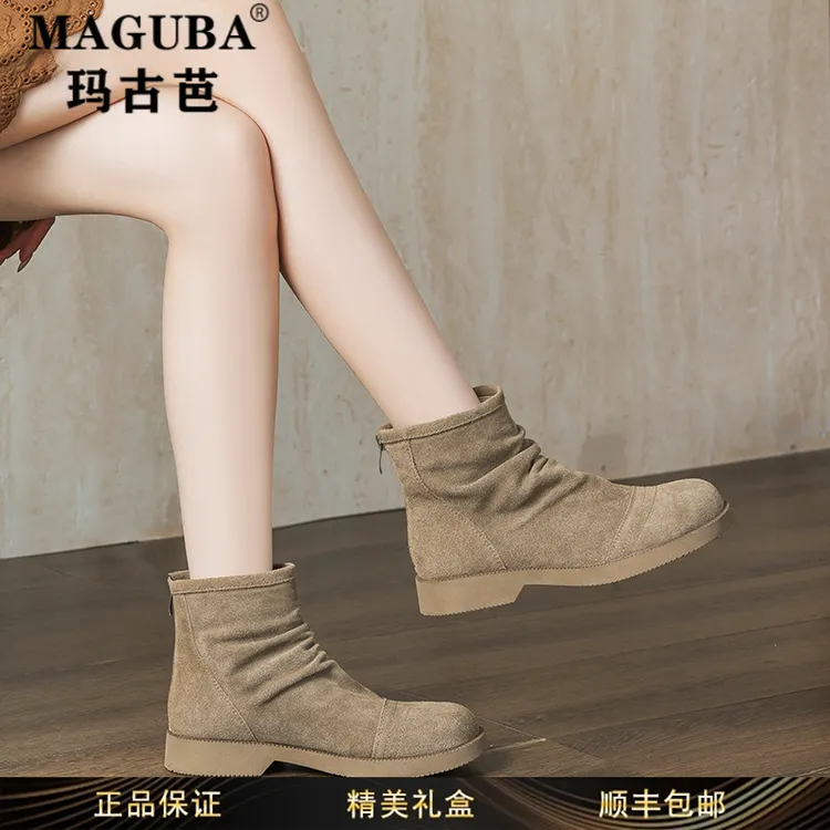 玛古芭女鞋英伦风厚底防滑低跟套筒马丁靴女秋季新款复古圆头短靴