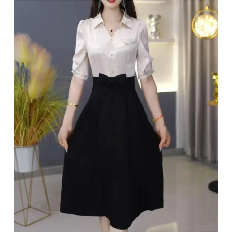 【连衣裙】新款优雅气质时尚减龄休闲显瘦遮肉假两件中长款连衣裙