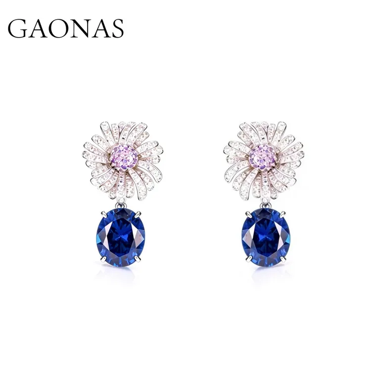 GAONAS 铜合金合成锆石耳饰 雏菊娇贵冷艳蓝色花朵耳环11741EB