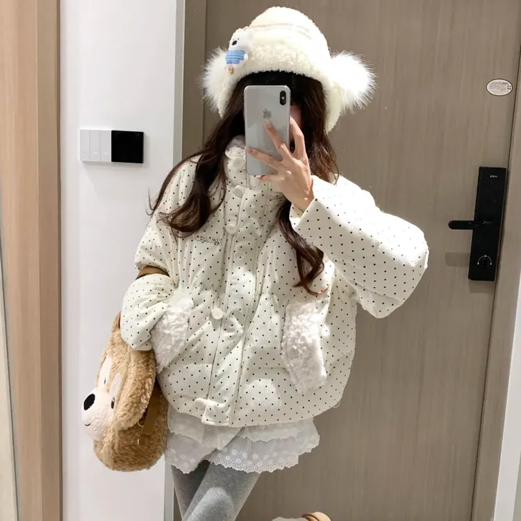 小香风羽绒棉服女2025冬季新款学生小个子波点棉袄短款棉衣外套女