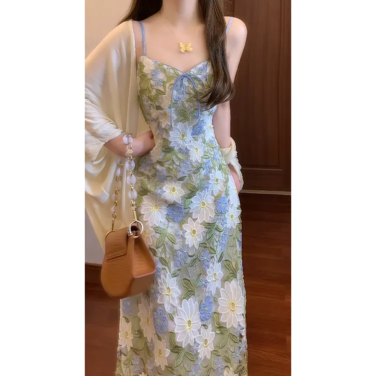 法式优雅重工水溶蕾丝刺绣吊带连衣裙收腰长裙&防晒空调开衫9377