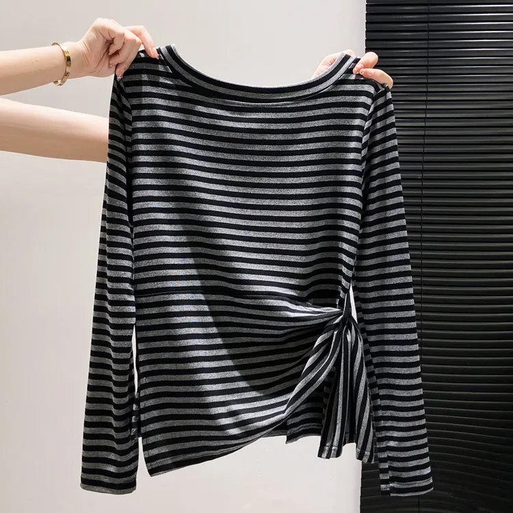 韩版斜肩条纹长袖t恤女2025秋季新款设计感别致绑带收腰上衣潮
