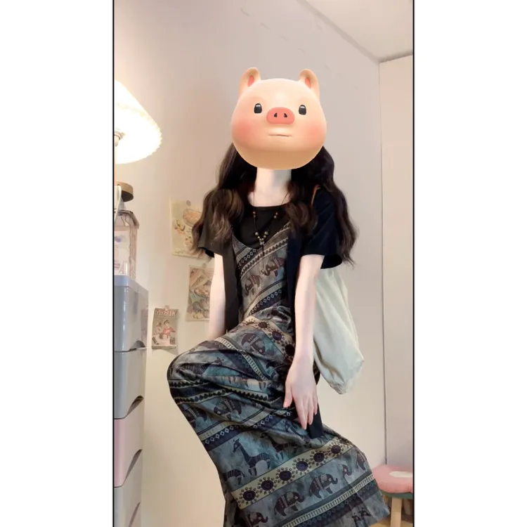 大码慵懒风复古印花背带裤T恤夏新款时髦炸街阔腿连体裤洋气穿搭