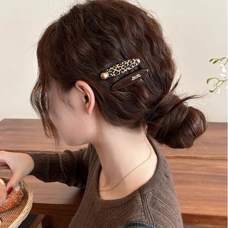 复古豹纹咖色发夹女2025新款高级感刘海前额侧边夹韩式精致发饰品
