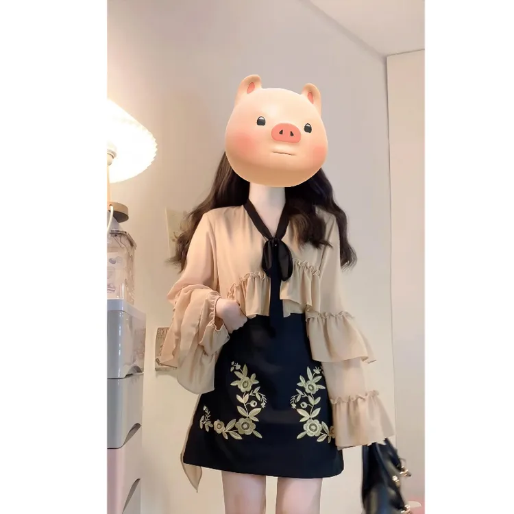 大码【鎏金岁月】微胖早秋新款荷叶边衬衫复古宫廷刺绣短裙洋气穿搭