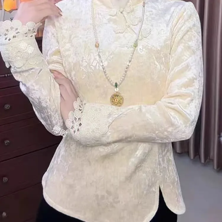 25冬季大码胖MM加绒加厚新中式钻石盘扣拼接蕾丝袖口国风打底上衣