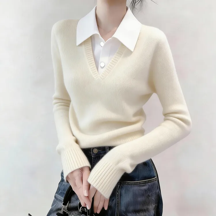 韩系慵懒风假两件长袖针织衫女2026新款春季撞色显瘦气质上衣毛衣