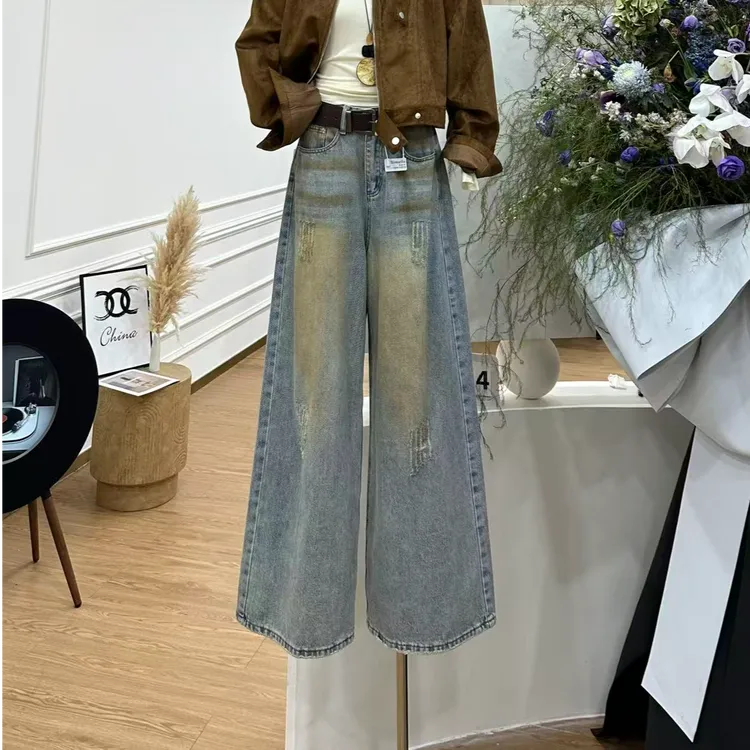 【落日街头】复古做旧高腰显瘦脏脏牛仔裤-8737（今天拍配腰带）