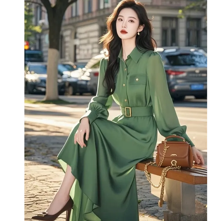 2025春装新款法式高级感气质大方得体多巴胺掐腰绿色衬衫连衣裙女