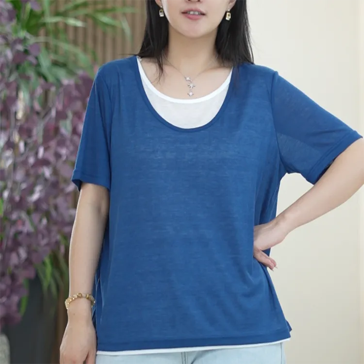 天！丝！T恤女大码显瘦弹力百搭薄透鹅蛋领夏季假两件拼色正肩上衣