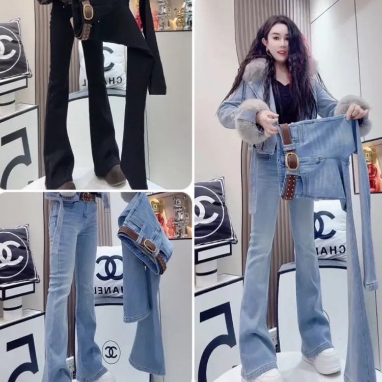 加绒喇叭裤高腰修身 67583显瘦显腿长百搭气质款牛仔喇叭裤