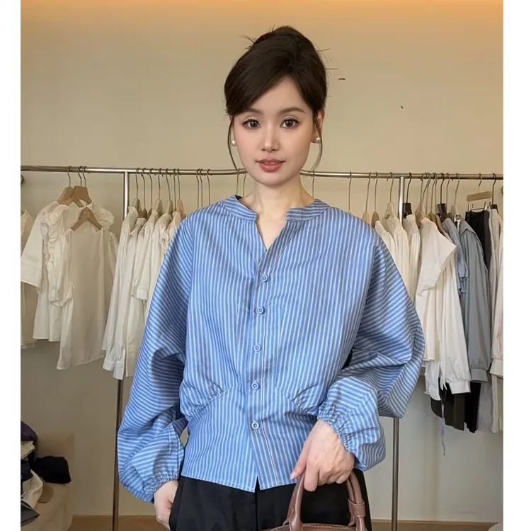 韩版秋季经典条纹简设计感长袖休闲宽松上衣女衬衣