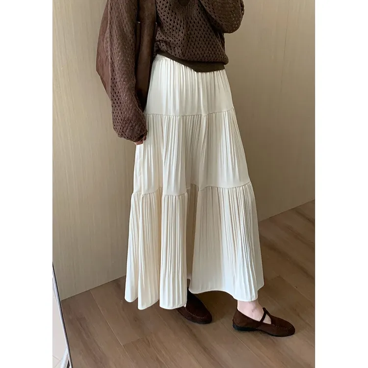 韩版复古气质百褶咖色半身裙女秋季新款垂感加厚压褶大摆a字长裙