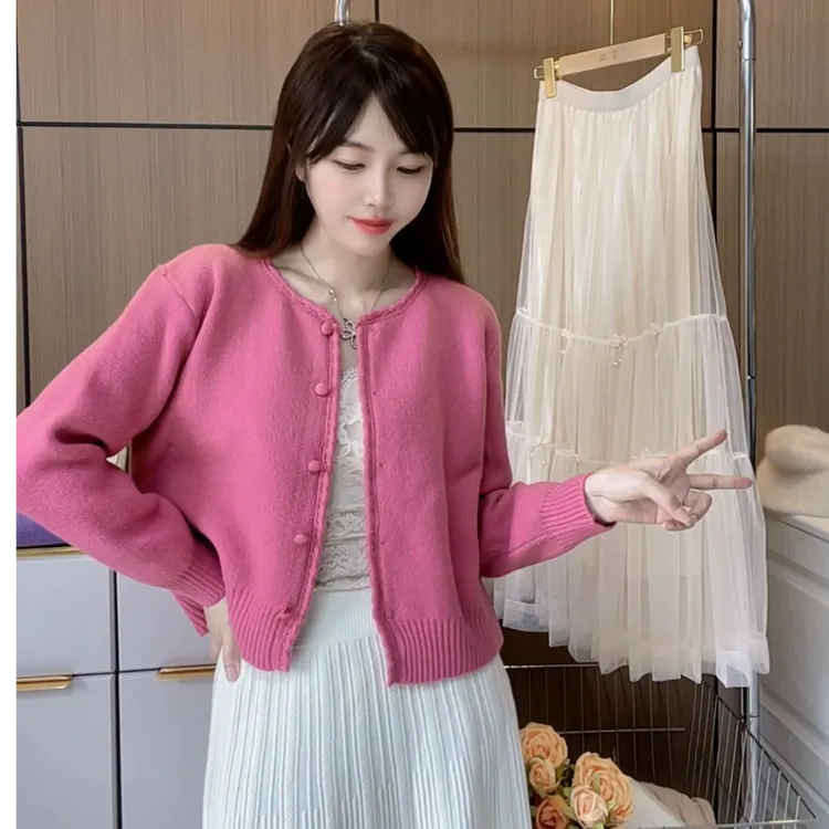 秋冬橘色圆领黄色开衫甜美时尚气质均码百搭长袖韩版洋气显瘦显高
