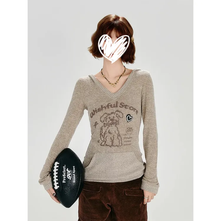 【心情mm专属】美式辣妹连帽长袖t恤女秋冬新款印花修身显瘦打底上衣 8107#