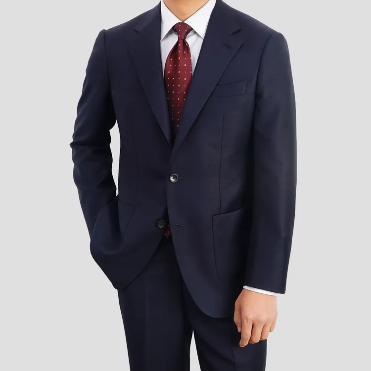 【意大利GUABELLO】黑青色鸟眼纹羊毛半麻衬男士西装套装商务