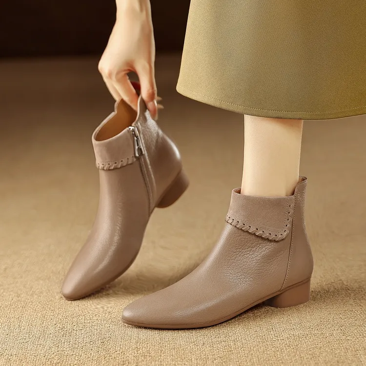全软真皮羊皮小短靴女中跟粗跟2025秋冬新款低跟单靴子短筒马丁靴