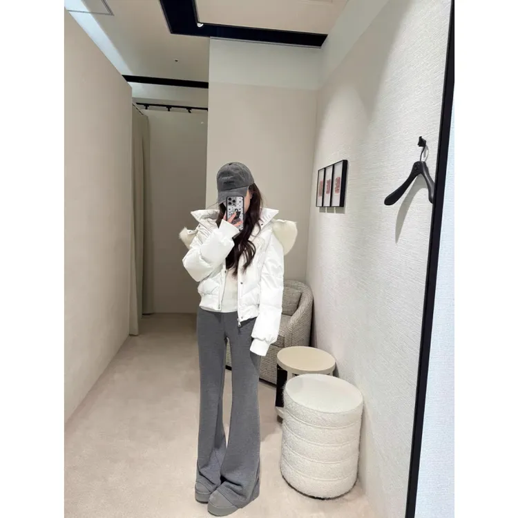 韩系复古白色毛领短款棉服女连帽棉袄外套高腰灰色微喇阔腿裤套装