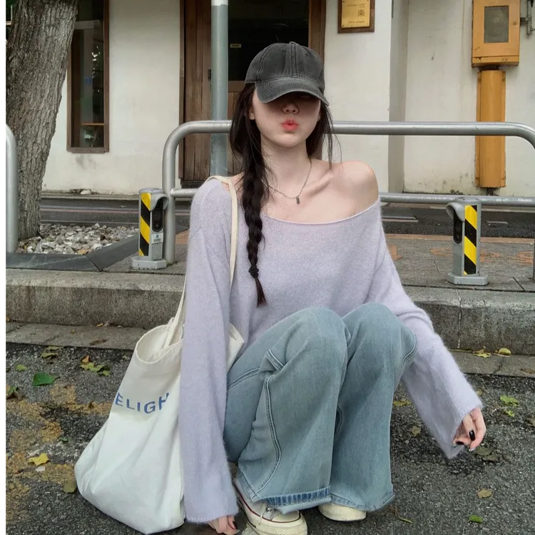 露肩INS风百搭时尚法式少女风长袖针织上衣女韩版显瘦慵懒风裤子