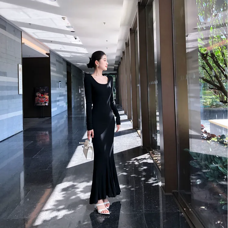 秋季步步生莲长袖时尚鱼尾连衣裙性感法式修身显瘦名媛包臀长裙