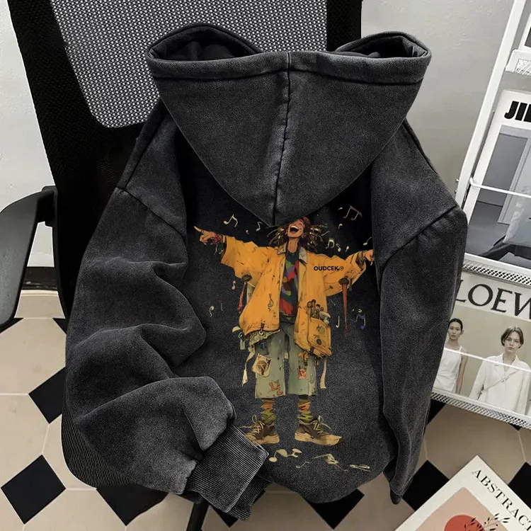 特大码300斤重磅水洗做旧连帽卫衣百搭时尚vintage复古美式男上衣