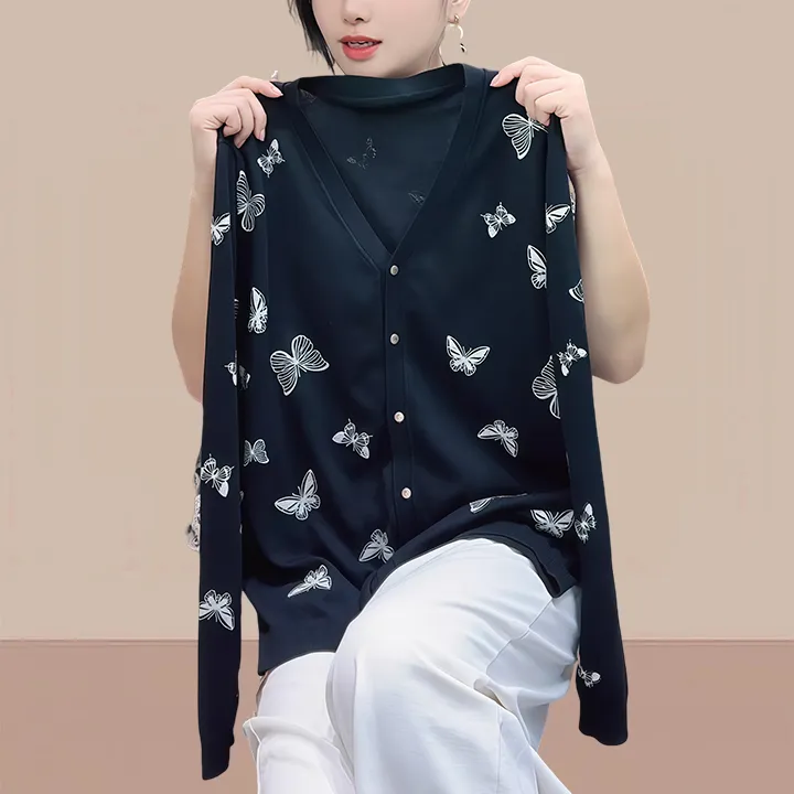 休闲慵懒风v领开衫外套女款2025新款早秋蝴蝶独特漂亮小衫针织衫